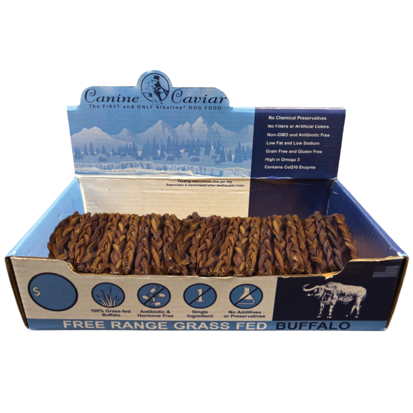 Canine Caviar Water Buffalo Bully Stix – Braided Display Box (6"-50ct / 12"-30ct)