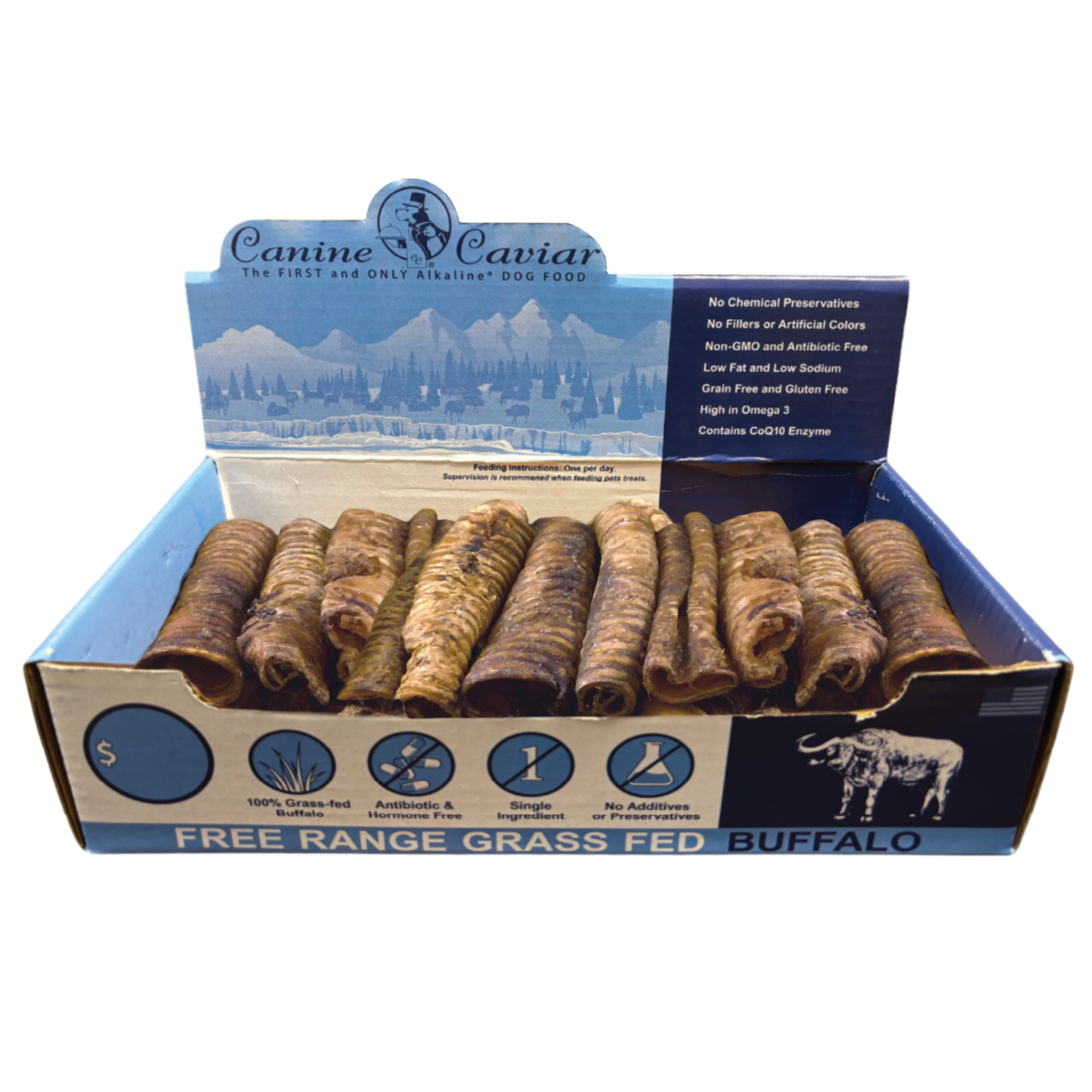Canine Caviar Water Buffalo Buffaroos Dog Chews Display Box