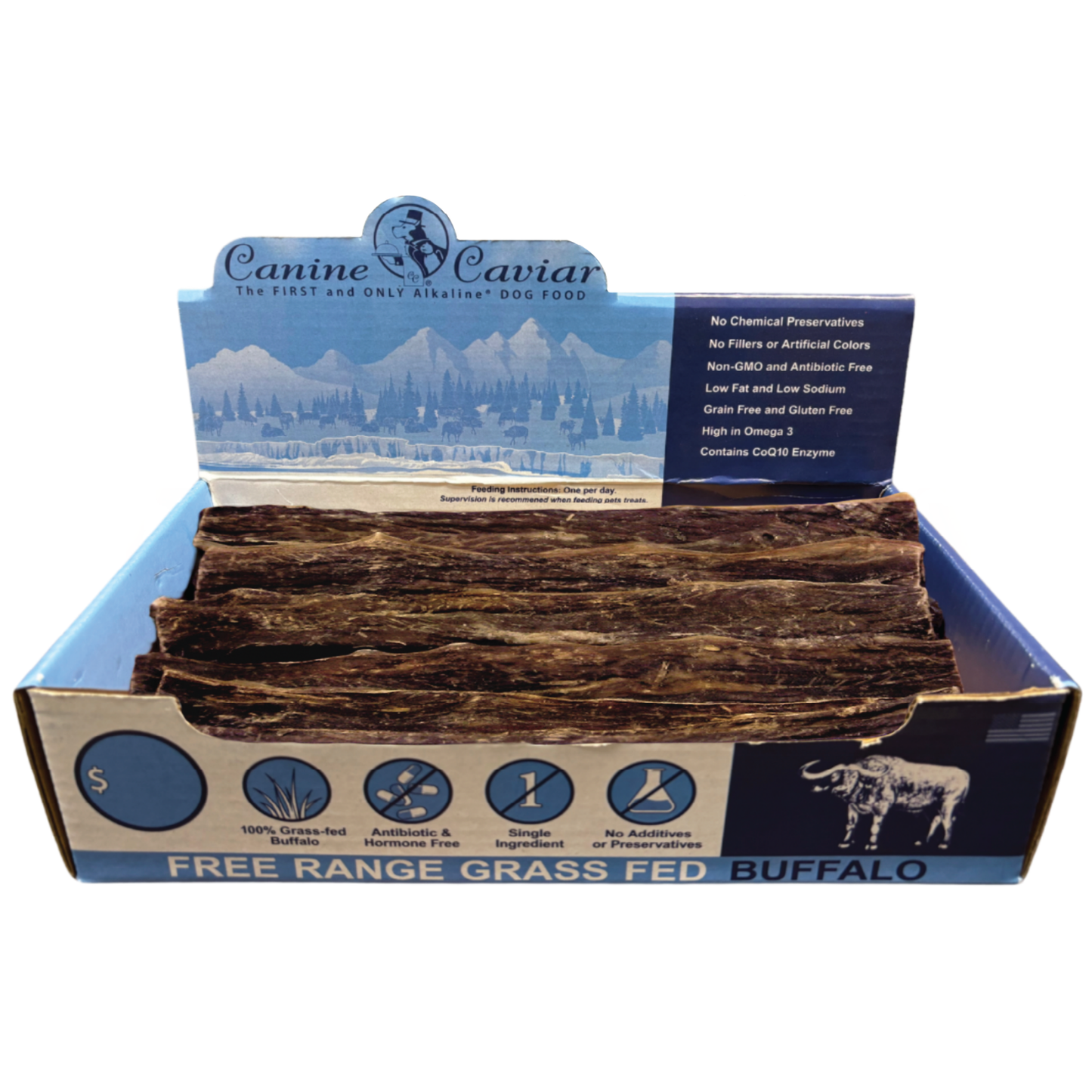 Canine Caviar Water Buffalo Flat Jerky Dog Chews Display Box (6"-35ct / 12"-30ct)