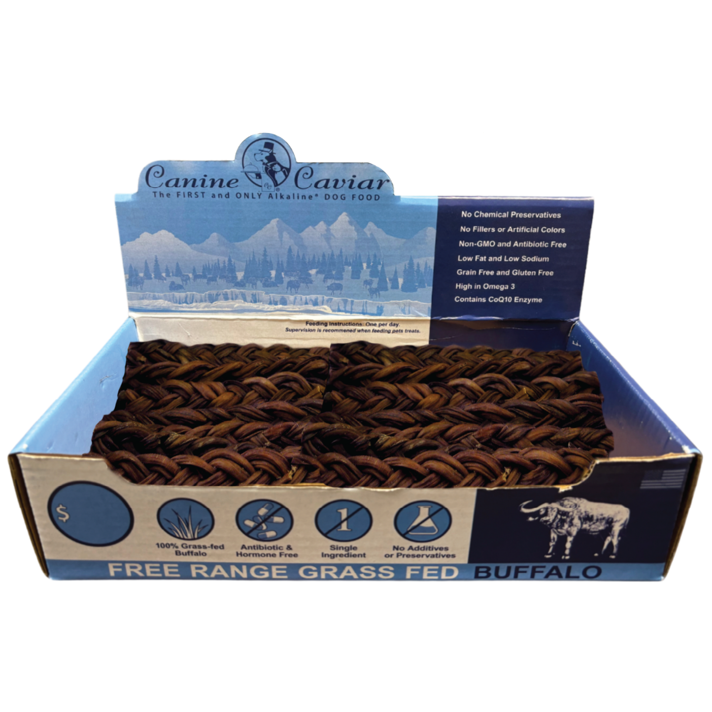 Canine Caviar Water Buffalo Bully Stix – Braided Display Box (6"-50ct / 12"-30ct)
