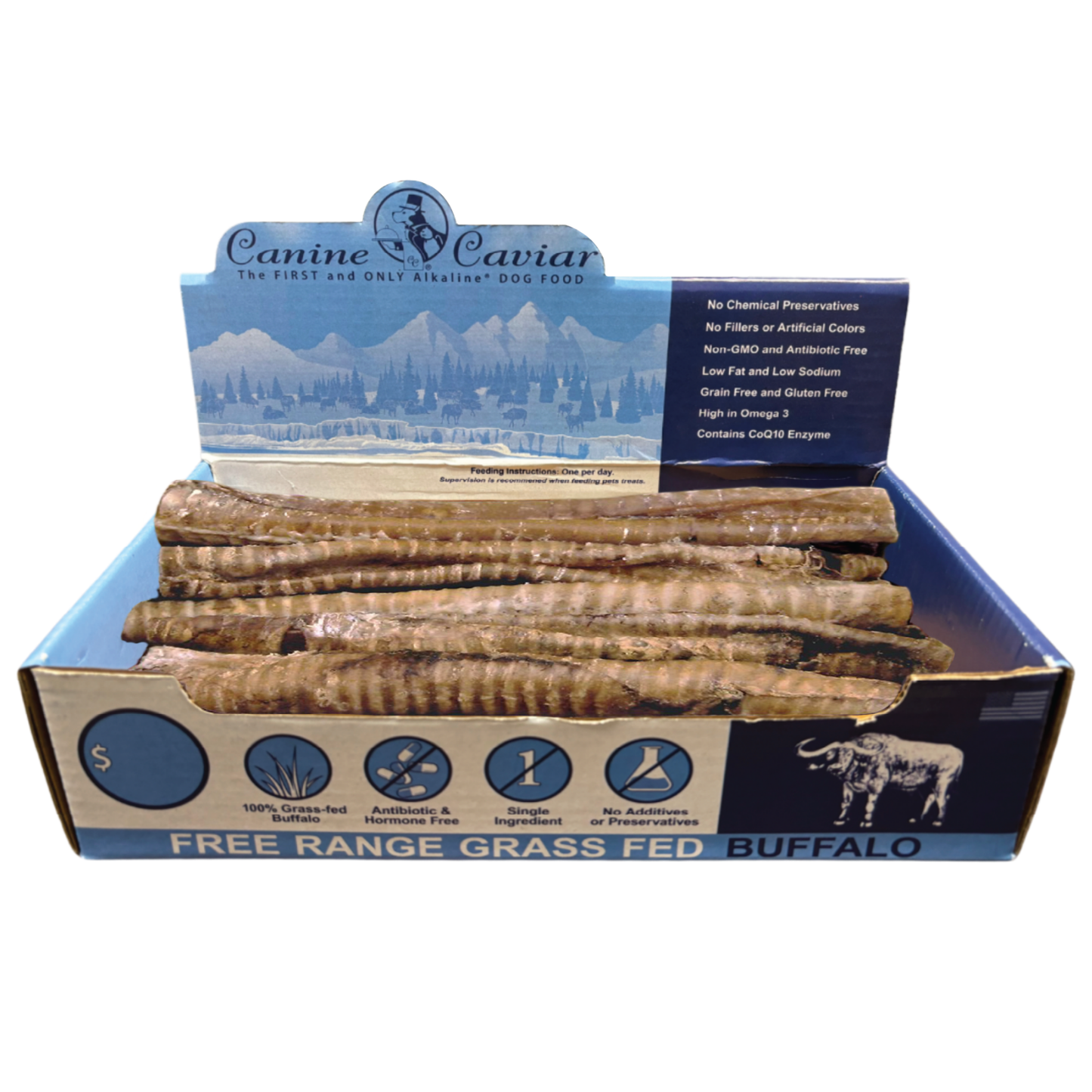 Canine Caviar Water Buffalo Buffaroos Dog Chews Display Box