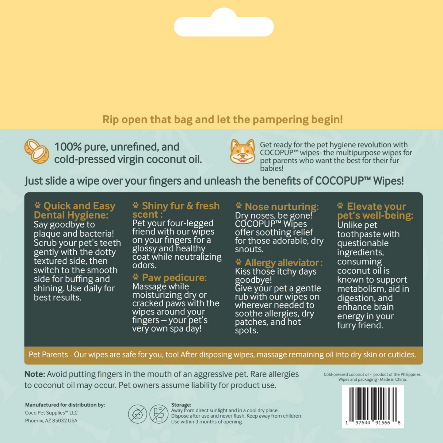 COCOPUP Wipes 100% Coconut Oil Finger Wipes (25 packs / 50 wipes per pack)