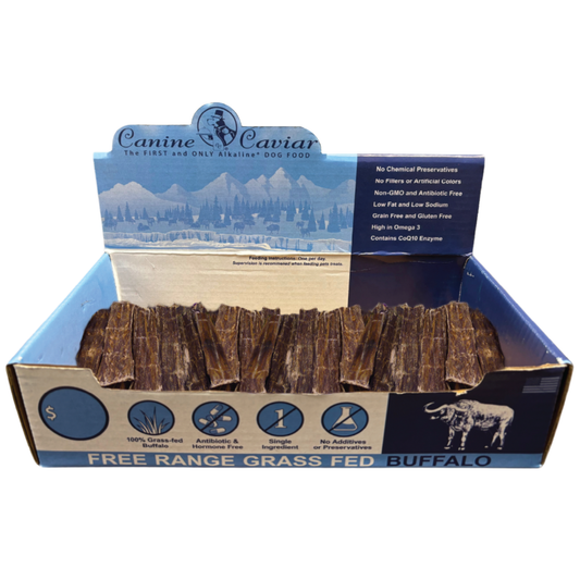 Canine Caviar Water Buffalo Flat Jerky Dog Chews Display Box (6"-35ct / 12"-30ct)